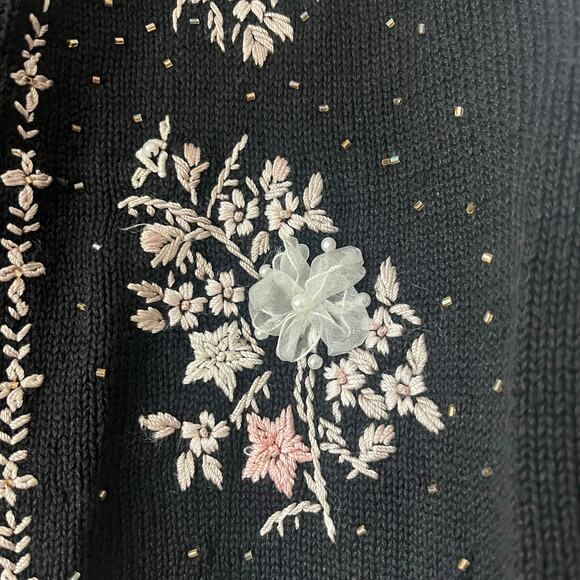 Worthington Black Floral Embroidered Beaded Knit Cardigan Grannycore Retro Sz M - Picture 4 of 10
